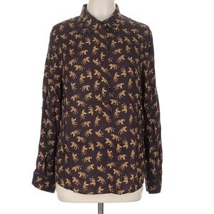 Emerson Fry Brown Tiger Print Women's Long Sleeve Half Button Top Large